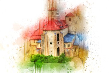 Hava kalesinden Klodzko Kilisesi. Sanat eserleri, antika eskizler.