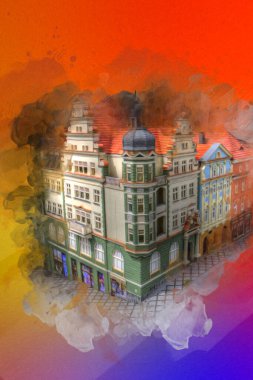 Klodzko şehir merkezi, hava kalesi sanat illüstrasyonundan antika eskiz.