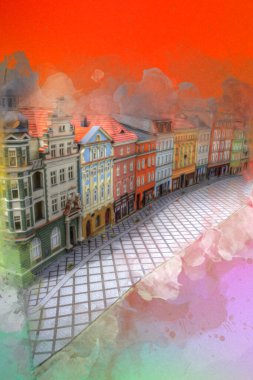 Klodzko şehir merkezi, hava kalesi sanat illüstrasyonundan antika eskiz.