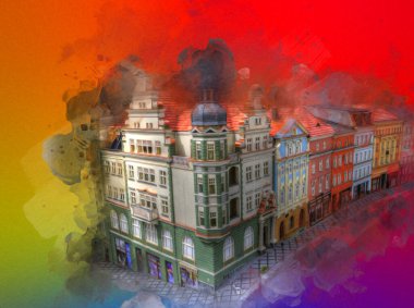 Klodzko şehir merkezi, hava kalesi sanat illüstrasyonundan antika eskiz.