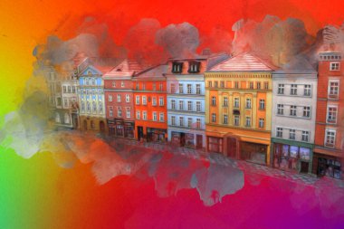 Klodzko şehir merkezi, hava kalesi sanat illüstrasyonundan antika eskiz.