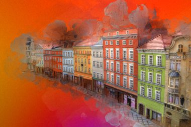 Klodzko şehir merkezi, hava kalesi sanat illüstrasyonundan antika eskiz.