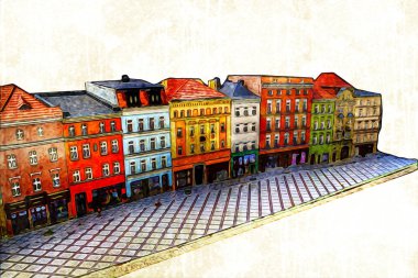 Klodzko şehir merkezi, hava kalesi sanat illüstrasyonundan antika eskiz.