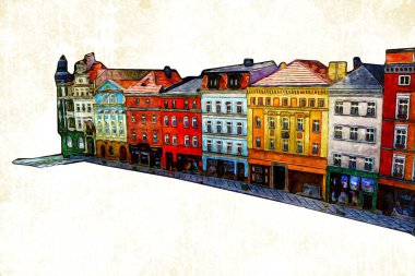 Klodzko şehir merkezi, hava kalesi sanat illüstrasyonundan antika eskiz.