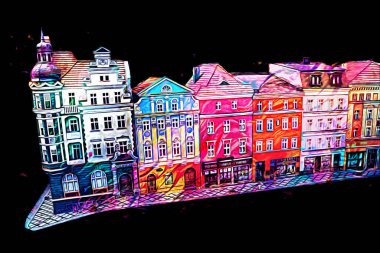 Klodzko şehir merkezi, hava kalesi sanat illüstrasyonundan antika eskiz.