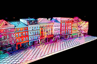 Klodzko şehir merkezi, hava kalesi sanat illüstrasyonundan antika eskiz.