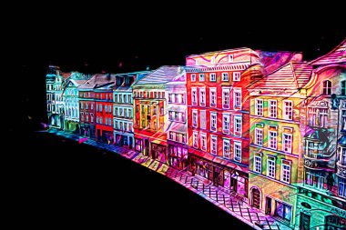 Klodzko şehir merkezi, hava kalesi sanat illüstrasyonundan antika eskiz.