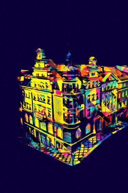 Klodzko şehir merkezi, hava kalesi sanat illüstrasyonundan antika eskiz.