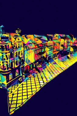 Klodzko şehir merkezi, hava kalesi sanat illüstrasyonundan antika eskiz.