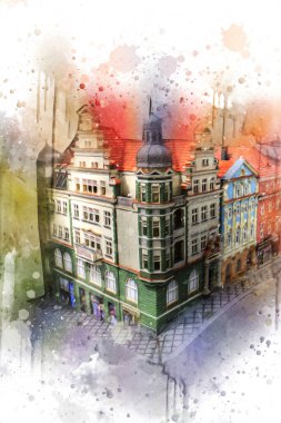 Klodzko şehir merkezi, hava kalesi sanat illüstrasyonundan antika eskiz.