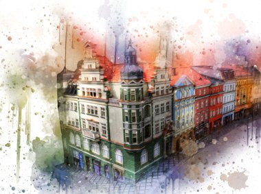 Klodzko şehir merkezi, hava kalesi sanat illüstrasyonundan antika eskiz.