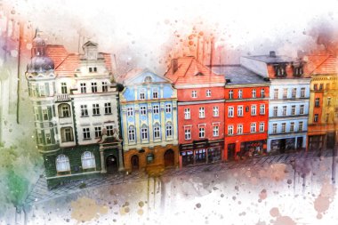 Klodzko şehir merkezi, hava kalesi sanat illüstrasyonundan antika eskiz.