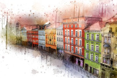 Klodzko şehir merkezi, hava kalesi sanat illüstrasyonundan antika eskiz.