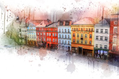 Klodzko şehir merkezi, hava kalesi sanat illüstrasyonundan antika eskiz.