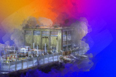 Tren garajı, Klodzko Polonya 'daki Roundhouse sanat illüstrasyonu antika eskiz.