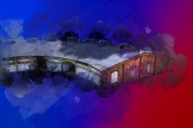 Tren garajı, Klodzko Polonya 'daki Roundhouse sanat illüstrasyonu antika eskiz.