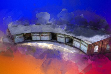 Tren garajı, Klodzko Polonya 'daki Roundhouse sanat illüstrasyonu antika eskiz.