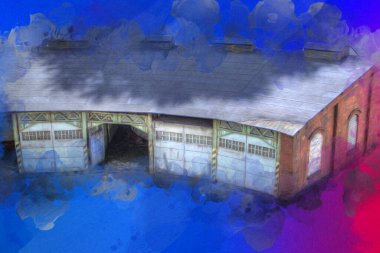 Tren garajı, Klodzko Polonya 'daki Roundhouse sanat illüstrasyonu antika eskiz.