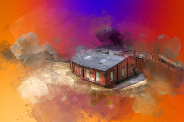 Tren garajı, Klodzko Polonya 'daki Roundhouse sanat illüstrasyonu antika eskiz.