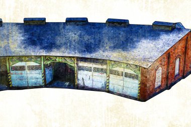 Tren garajı, Klodzko Polonya 'daki Roundhouse sanat illüstrasyonu antika eskiz.