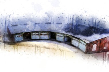 Tren garajı, Klodzko Polonya 'daki Roundhouse sanat illüstrasyonu antika eskiz.