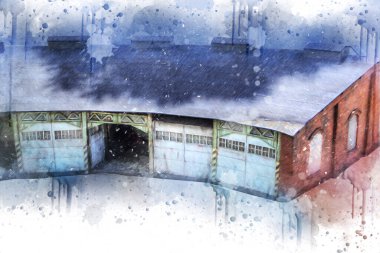 Tren garajı, Klodzko Polonya 'daki Roundhouse sanat illüstrasyonu antika eskiz.