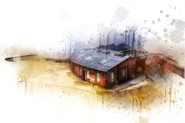 Tren garajı, Klodzko Polonya 'daki Roundhouse sanat illüstrasyonu antika eskiz.