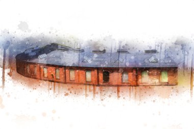 Tren garajı, Klodzko Polonya 'daki Roundhouse sanat illüstrasyonu antika eskiz.