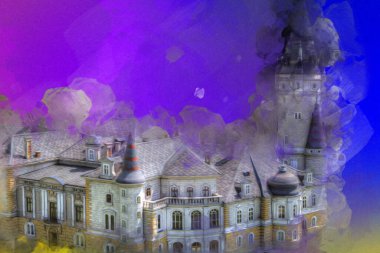 Bokw 'daki sarayın panoraması hava manzaralı sanat illüstrasyonu antika eskiz.