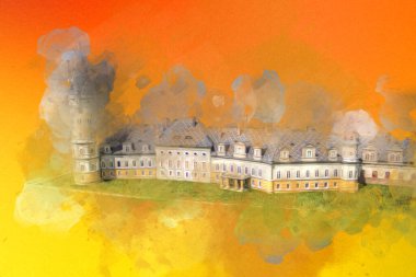 Bokw 'daki sarayın panoraması hava manzaralı sanat illüstrasyonu antika eskiz.