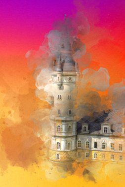 Bokw 'daki sarayın panoraması hava manzaralı sanat illüstrasyonu antika eskiz.