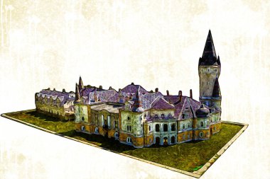 Bokw 'daki sarayın panoraması hava manzaralı sanat illüstrasyonu antika eskiz.