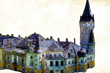 Bokw 'daki sarayın panoraması hava manzaralı sanat illüstrasyonu antika eskiz.