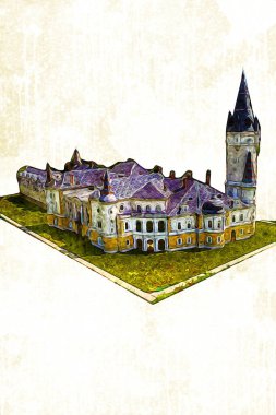 Bokw 'daki sarayın panoraması hava manzaralı sanat illüstrasyonu antika eskiz.