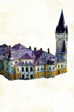 Bokw 'daki sarayın panoraması hava manzaralı sanat illüstrasyonu antika eskiz.