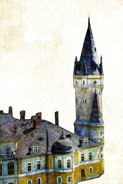 Bokw 'daki sarayın panoraması hava manzaralı sanat illüstrasyonu antika eskiz.