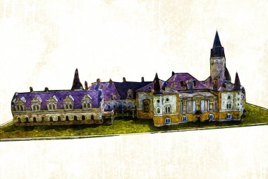 Bokw 'daki sarayın panoraması hava manzaralı sanat illüstrasyonu antika eskiz.