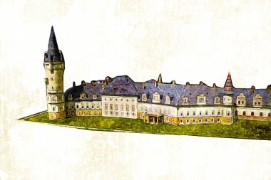 Bokw 'daki sarayın panoraması hava manzaralı sanat illüstrasyonu antika eskiz.