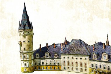 Bokw 'daki sarayın panoraması hava manzaralı sanat illüstrasyonu antika eskiz.