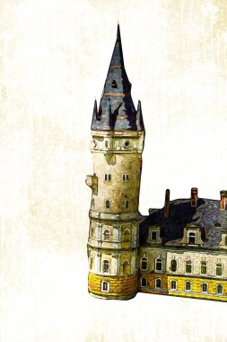 Bokw 'daki sarayın panoraması hava manzaralı sanat illüstrasyonu antika eskiz.