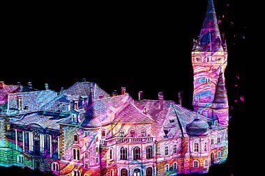 Bokw 'daki sarayın panoraması hava manzaralı sanat illüstrasyonu antika eskiz.