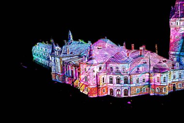 Bokw 'daki sarayın panoraması hava manzaralı sanat illüstrasyonu antika eskiz.