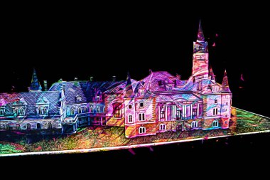 Bokw 'daki sarayın panoraması hava manzaralı sanat illüstrasyonu antika eskiz.