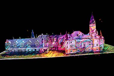 Bokw 'daki sarayın panoraması hava manzaralı sanat illüstrasyonu antika eskiz.