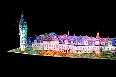 Bokw 'daki sarayın panoraması hava manzaralı sanat illüstrasyonu antika eskiz.