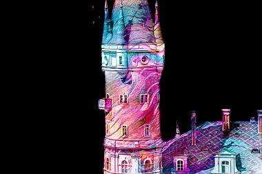 Bokw 'daki sarayın panoraması hava manzaralı sanat illüstrasyonu antika eskiz.