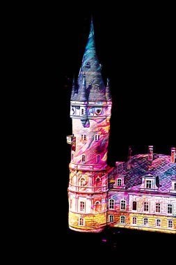 Bokw 'daki sarayın panoraması hava manzaralı sanat illüstrasyonu antika eskiz.