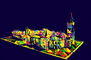 Bokw 'daki sarayın panoraması hava manzaralı sanat illüstrasyonu antika eskiz.