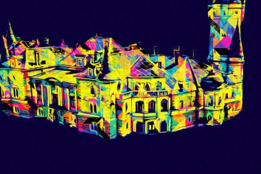 Bokw 'daki sarayın panoraması hava manzaralı sanat illüstrasyonu antika eskiz.