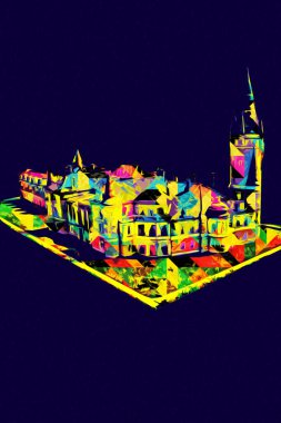 Bokw 'daki sarayın panoraması hava manzaralı sanat illüstrasyonu antika eskiz.